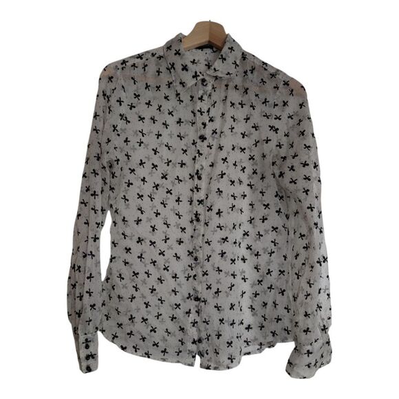 White Chiffon With Black Velvet Bows Button Down Blouse Size M - Picture 11 of 13